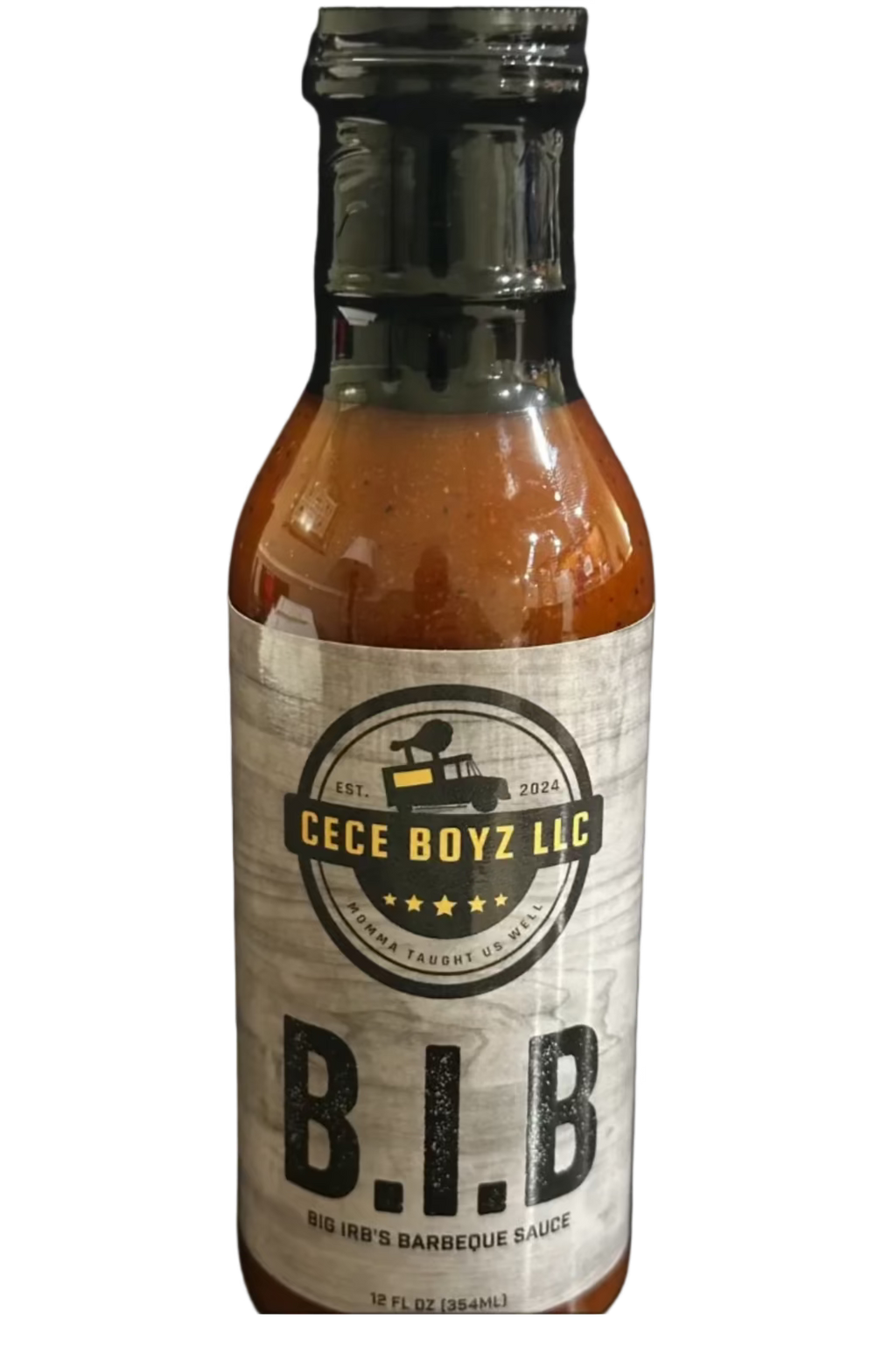 Bottle of Cece Boyz LLC BBQ sauce with label on a white background