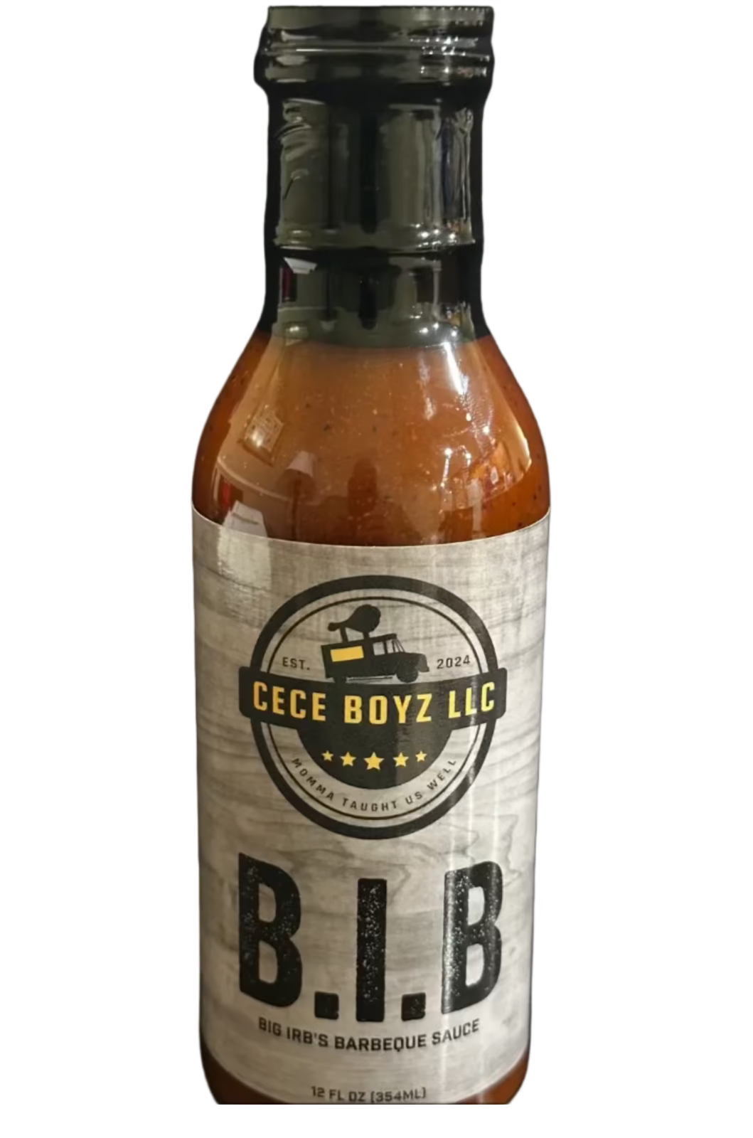 Bottle of Cece Boyz LLC BBQ sauce with label on a white background