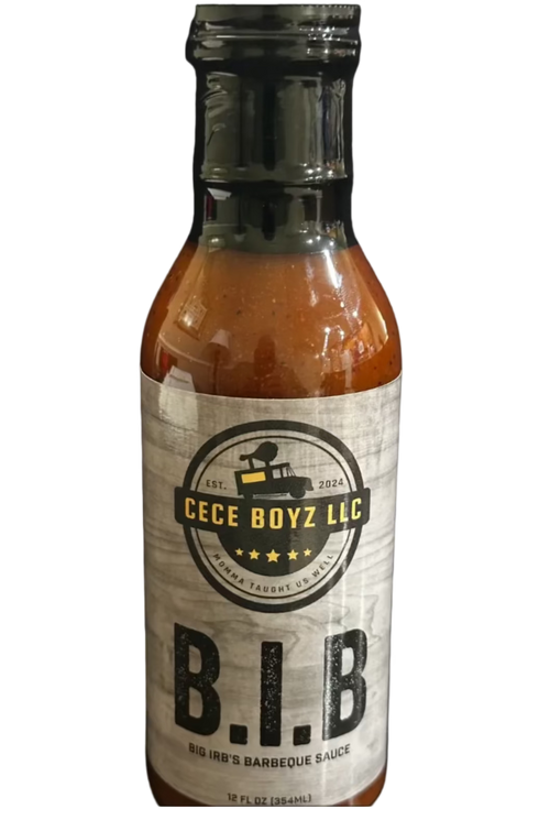 Bottle of Cece Boyz LLC BBQ sauce with label on a white background